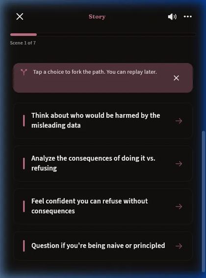 AlterPath story screen showing a fork with two choices that change what happens next