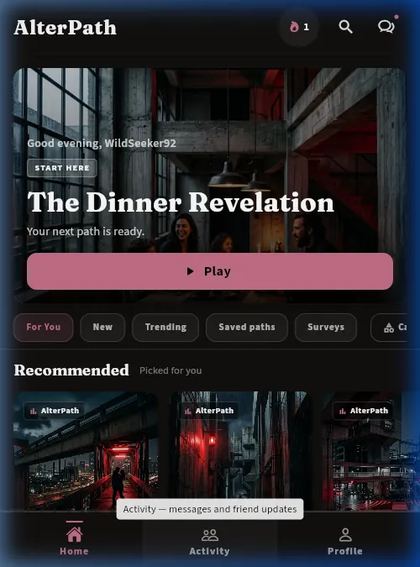 AlterPath home screen listing featured interactive paths you can start playing